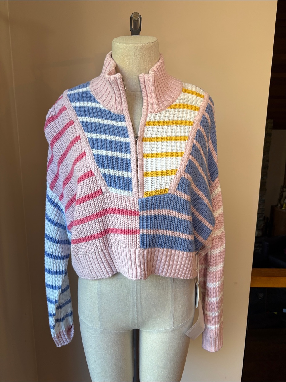 STAUD Pink Blue Yellow Striped Zip Mock-Neck Cropped Sweater